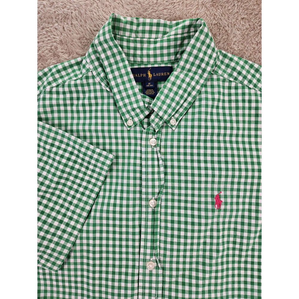 Ralph Lauren Emerald and White Short-sleeved Gingham Oxford Button-down Shirt - Picture 1 of 10